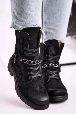 Botki Workery Z Łańcuchem Zamszowe Czarne Augusta