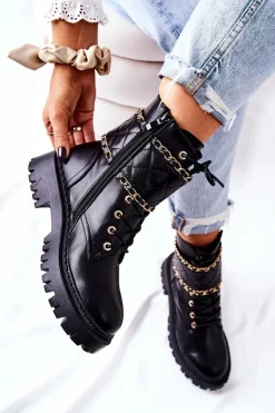 Botki Workery Z Łańcuszkiem Czarne Caleanor