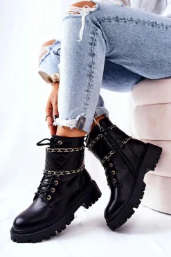 Botki Workery Z Łańcuszkiem Czarne Caleanor