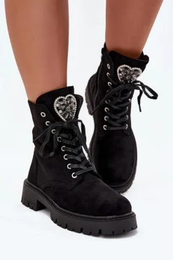 Botki Workery Z Biżuteryjną Ozdobą Ocieplane Eko Zamszowe Czarne Miryssa