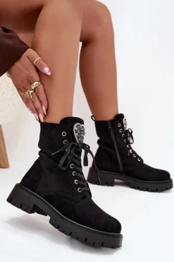 Botki Workery Z Biżuteryjną Ozdobą Ocieplane Eko Zamszowe Czarne Miryssa