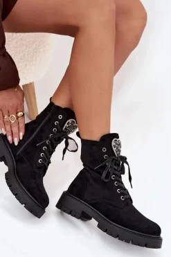 Botki Workery Z Biżuteryjną Ozdobą Ocieplane Eko Zamszowe Czarne Miryssa