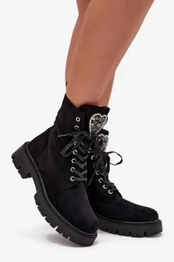 Botki Workery Z Biżuteryjną Ozdobą Ocieplane Eko Zamszowe Czarne Miryssa
