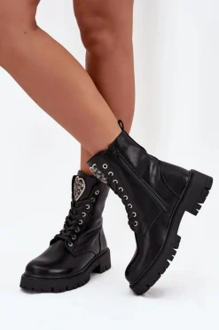 Botki Workery Z Biżuteryjną Ozdobą Ocieplane Eko Skórzane Czarne Miryssa