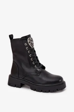 Botki Workery Z Biżuteryjną Ozdobą Ocieplane Eko Skórzane Czarne Miryssa