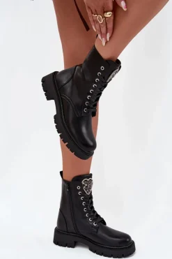 Botki Workery Z Biżuteryjną Ozdobą Ocieplane Eko Skórzane Czarne Miryssa