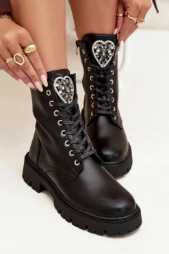 Botki Workery Z Biżuteryjną Ozdobą Ocieplane Eko Skórzane Czarne Miryssa