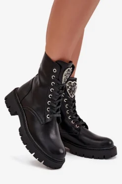 Botki Workery Z Biżuteryjną Ozdobą Ocieplane Eko Skórzane Czarne Miryssa