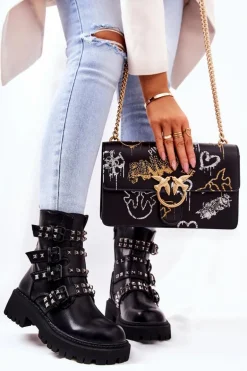 Botki Workery Z Paskami Ćwieki Czarne Brenna