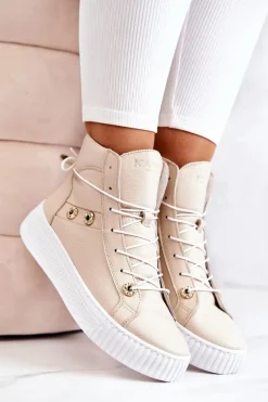 Botki Wysokie Trampki Skórzane Beżowo-Białe Ashlee