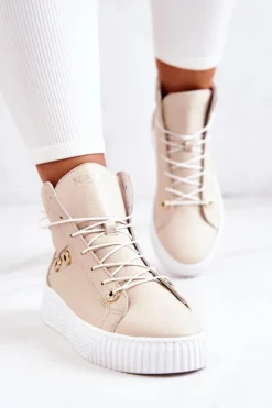Botki Wysokie Trampki Skórzane Beżowo-Białe Ashlee