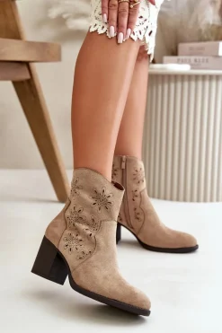 Botki Z Ażurową Cholewką Na Słupku Eko Zamszowe Beżowe Nevishiia