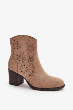 Botki Z Ażurową Cholewką Na Słupku Eko Zamszowe Beżowe Nevishiia