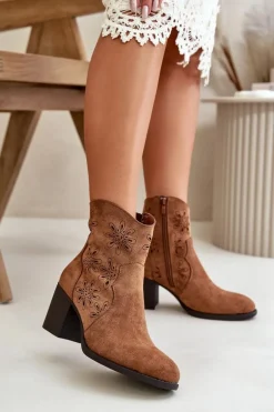 Botki Z Ażurową Cholewką Na Słupku Eko Zamszowe Brązowe Nevishiia