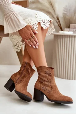 Botki Z Ażurową Cholewką Na Słupku Eko Zamszowe Brązowe Nevishiia