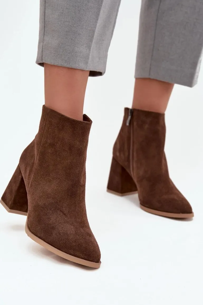 Botki Z Naturalnego Zamszu Obcas Słupek Ocieplane Brązowe Zazoo 3128