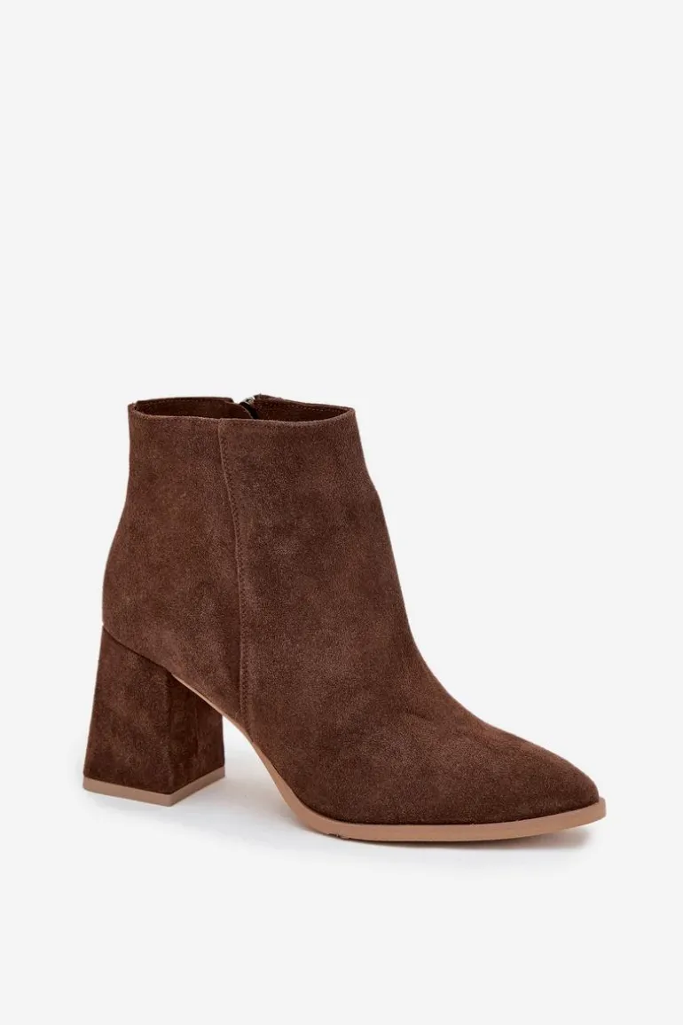 Botki Z Naturalnego Zamszu Obcas Słupek Ocieplane Brązowe Zazoo 3128