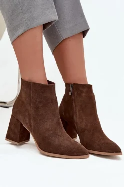 Botki Z Naturalnego Zamszu Obcas Słupek Ocieplane Brązowe Zazoo 3128