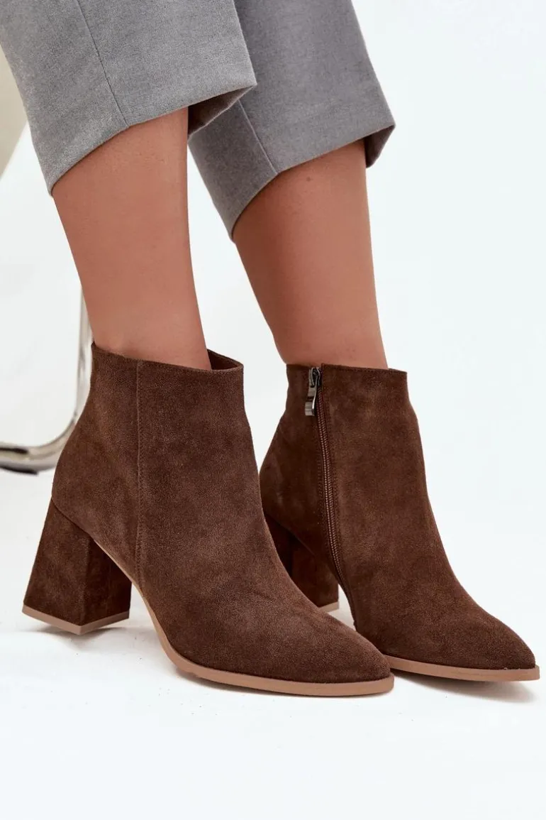 Botki Z Naturalnego Zamszu Obcas Słupek Ocieplane Brązowe Zazoo 3128