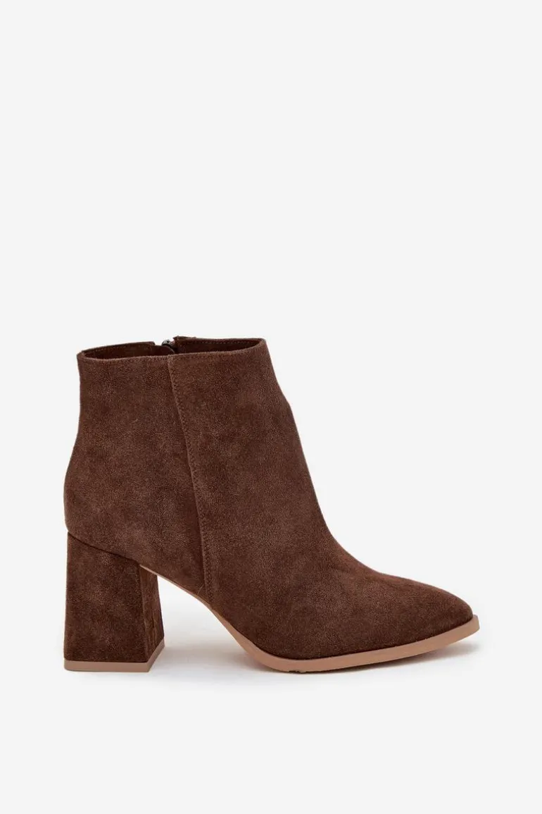 Botki Z Naturalnego Zamszu Obcas Słupek Ocieplane Brązowe Zazoo 3128