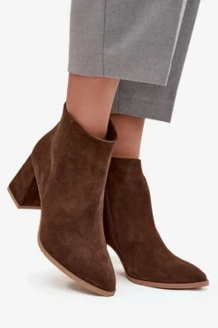 Botki Z Naturalnego Zamszu Obcas Słupek Ocieplane Brązowe Zazoo 3128