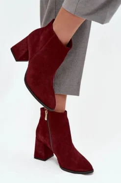 Botki Z Naturalnego Zamszu Obcas Słupek Ocieplane Bordowe Zazoo 3128