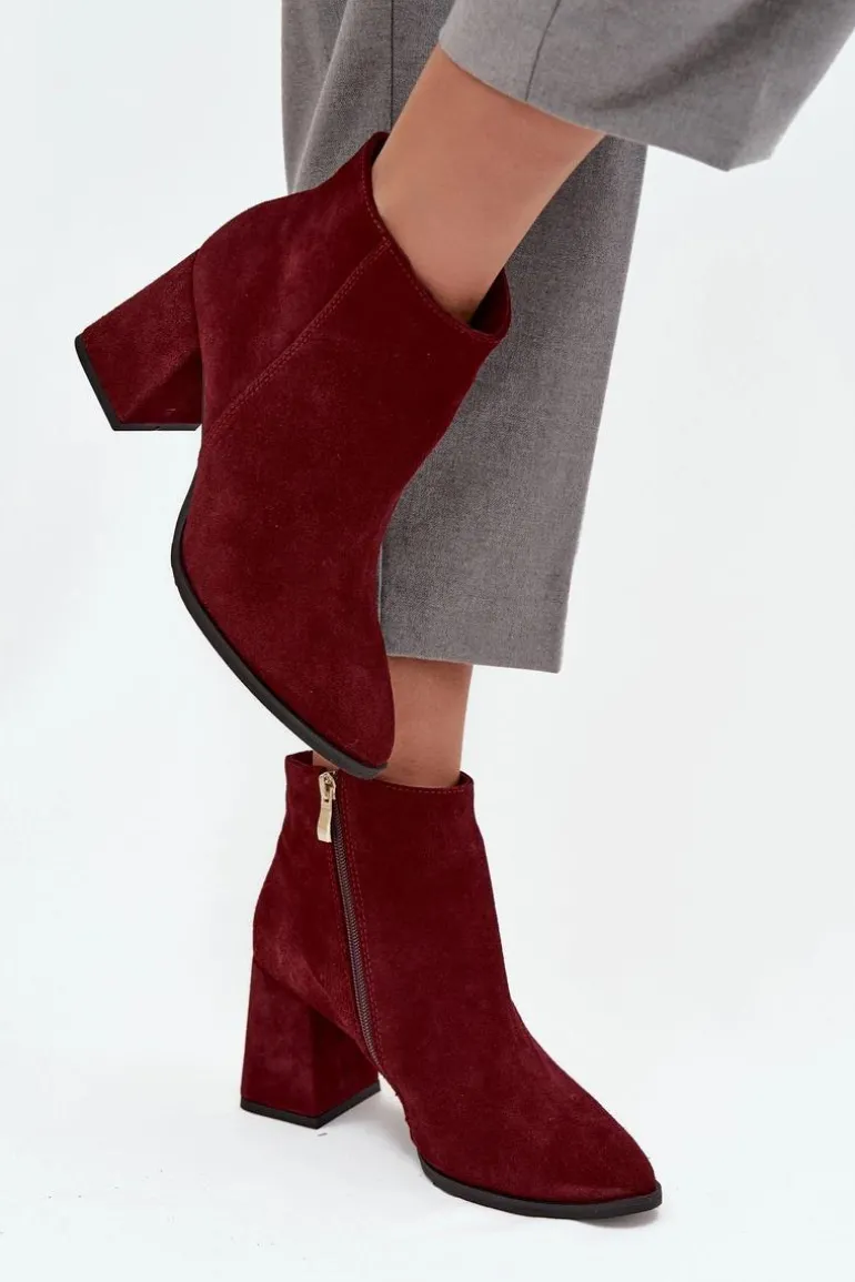 Botki Z Naturalnego Zamszu Obcas Słupek Ocieplane Bordowe Zazoo 3128