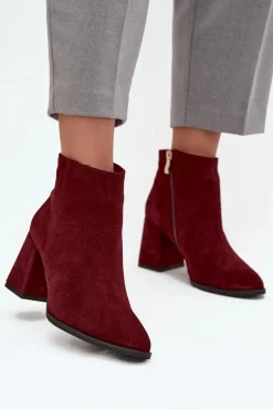 Botki Z Naturalnego Zamszu Obcas Słupek Ocieplane Bordowe Zazoo 3128