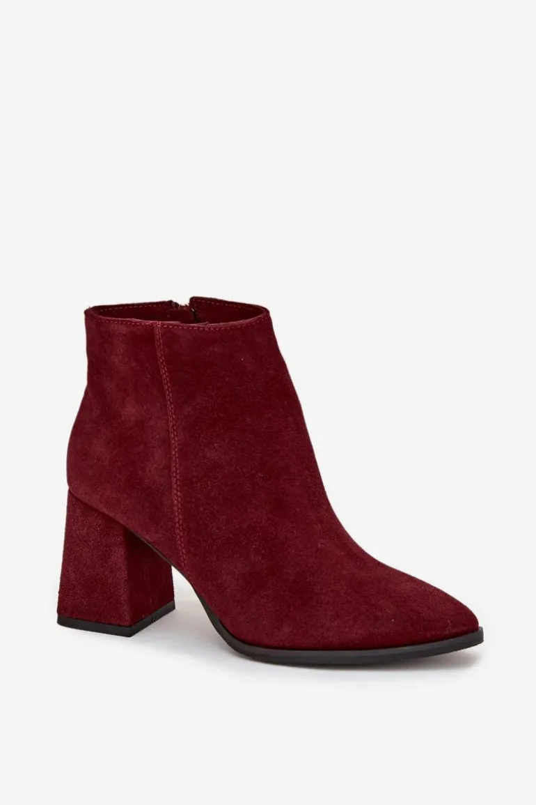 Botki Z Naturalnego Zamszu Obcas Słupek Ocieplane Bordowe Zazoo 3128