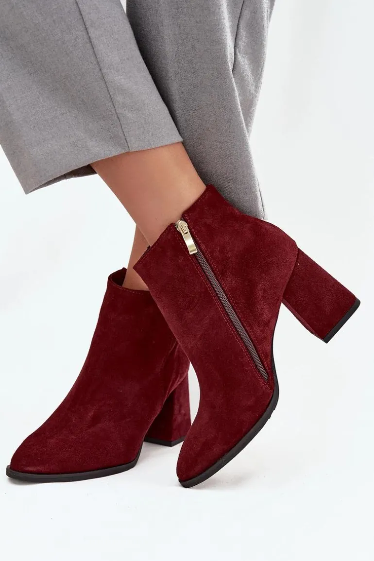 Botki Z Naturalnego Zamszu Obcas Słupek Ocieplane Bordowe Zazoo 3128