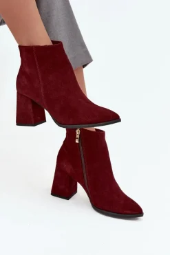 Botki Z Naturalnego Zamszu Obcas Słupek Ocieplane Bordowe Zazoo 3128