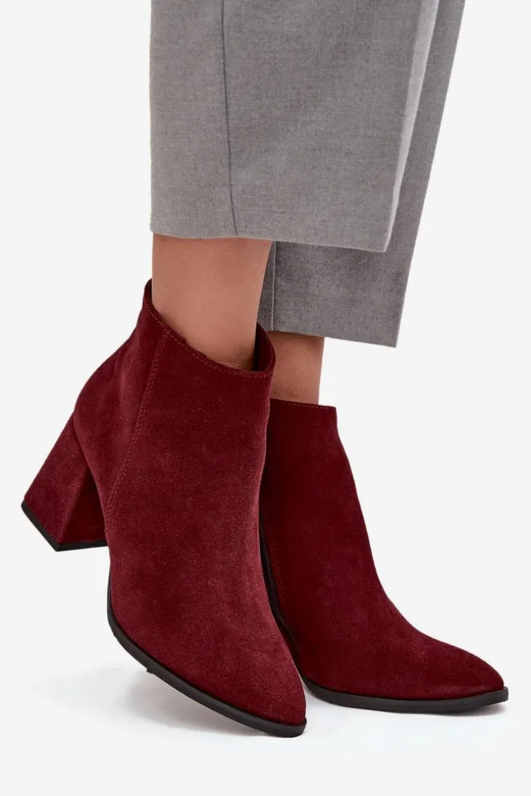 Botki Z Naturalnego Zamszu Obcas Słupek Ocieplane Bordowe Zazoo 3128