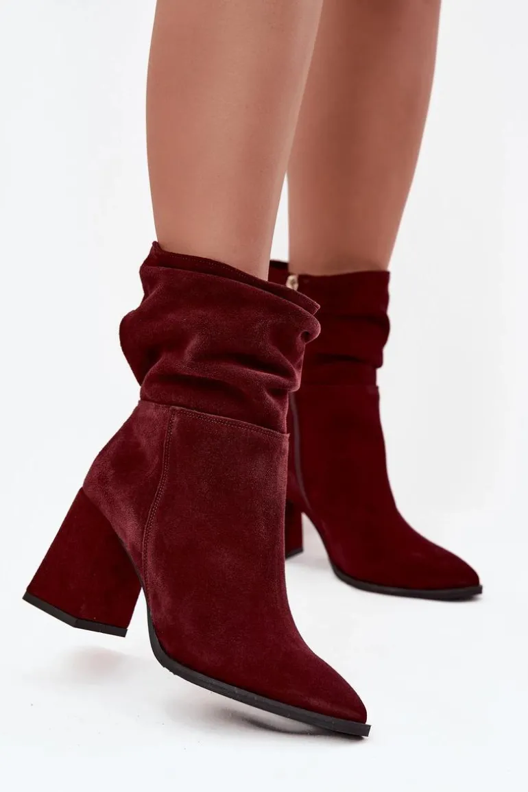 Botki Z Naturalnego Zamszu Ocieplane Na Słupku Z Marszczeniem Zazoo 4216 Bordowe
