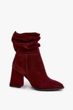 Botki Z Naturalnego Zamszu Ocieplane Na Słupku Z Marszczeniem Zazoo 4216 Bordowe