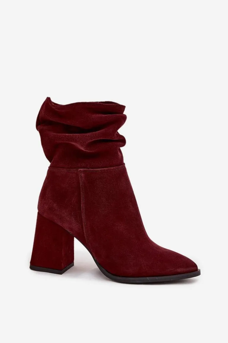 Botki Z Naturalnego Zamszu Ocieplane Na Słupku Z Marszczeniem Zazoo 4216 Bordowe