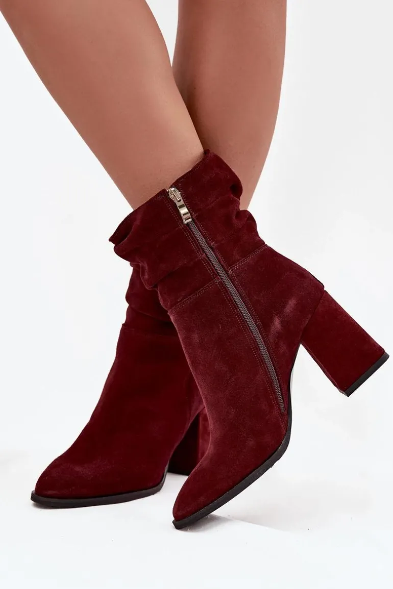 Botki Z Naturalnego Zamszu Ocieplane Na Słupku Z Marszczeniem Zazoo 4216 Bordowe