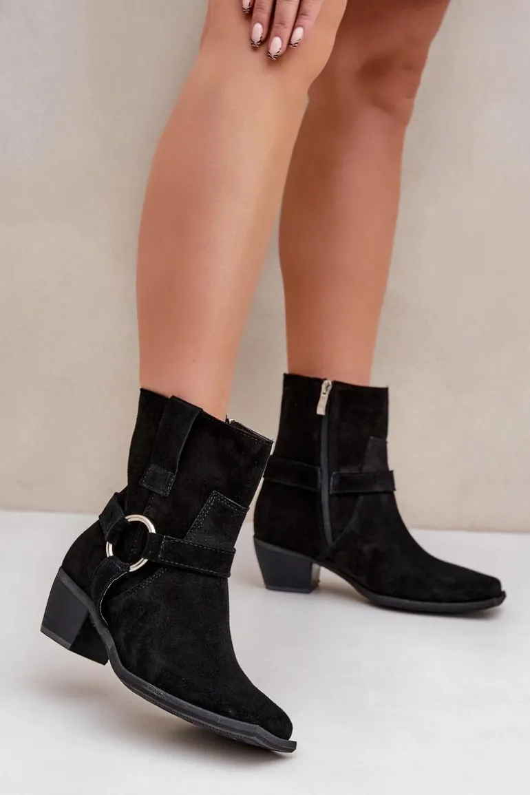 Botki Z Naturalnego Zamszu Na Obcasie Zazoo 3444/2 Czarne
