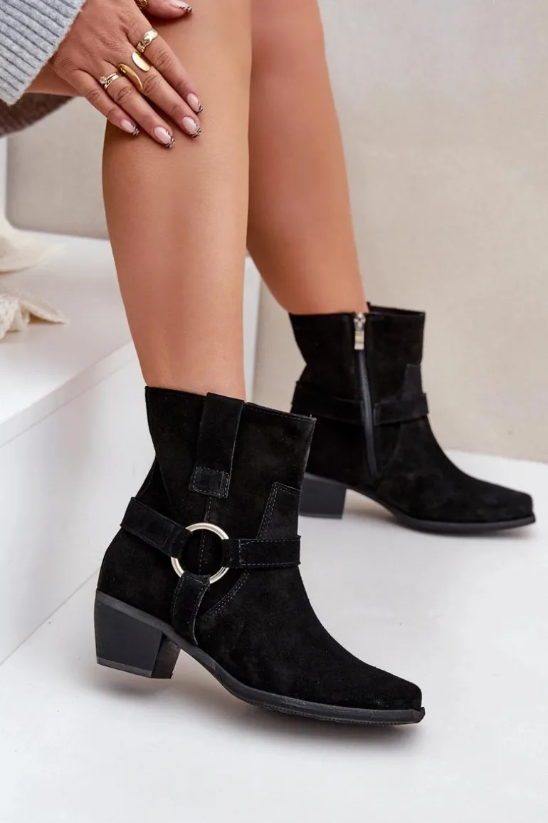 Botki Z Naturalnego Zamszu Na Obcasie Zazoo 3444/2 Czarne