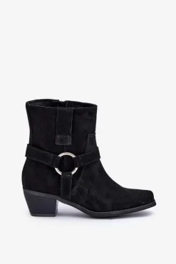 Botki Z Naturalnego Zamszu Na Obcasie Zazoo 3444/2 Czarne