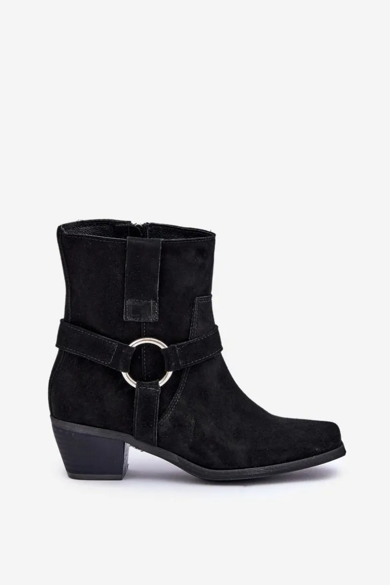 Botki Z Naturalnego Zamszu Na Obcasie Zazoo 3444/2 Czarne