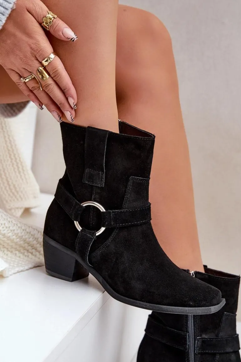 Botki Z Naturalnego Zamszu Na Obcasie Zazoo 3444/2 Czarne