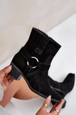 Botki Z Naturalnego Zamszu Na Obcasie Zazoo 3444/2 Czarne