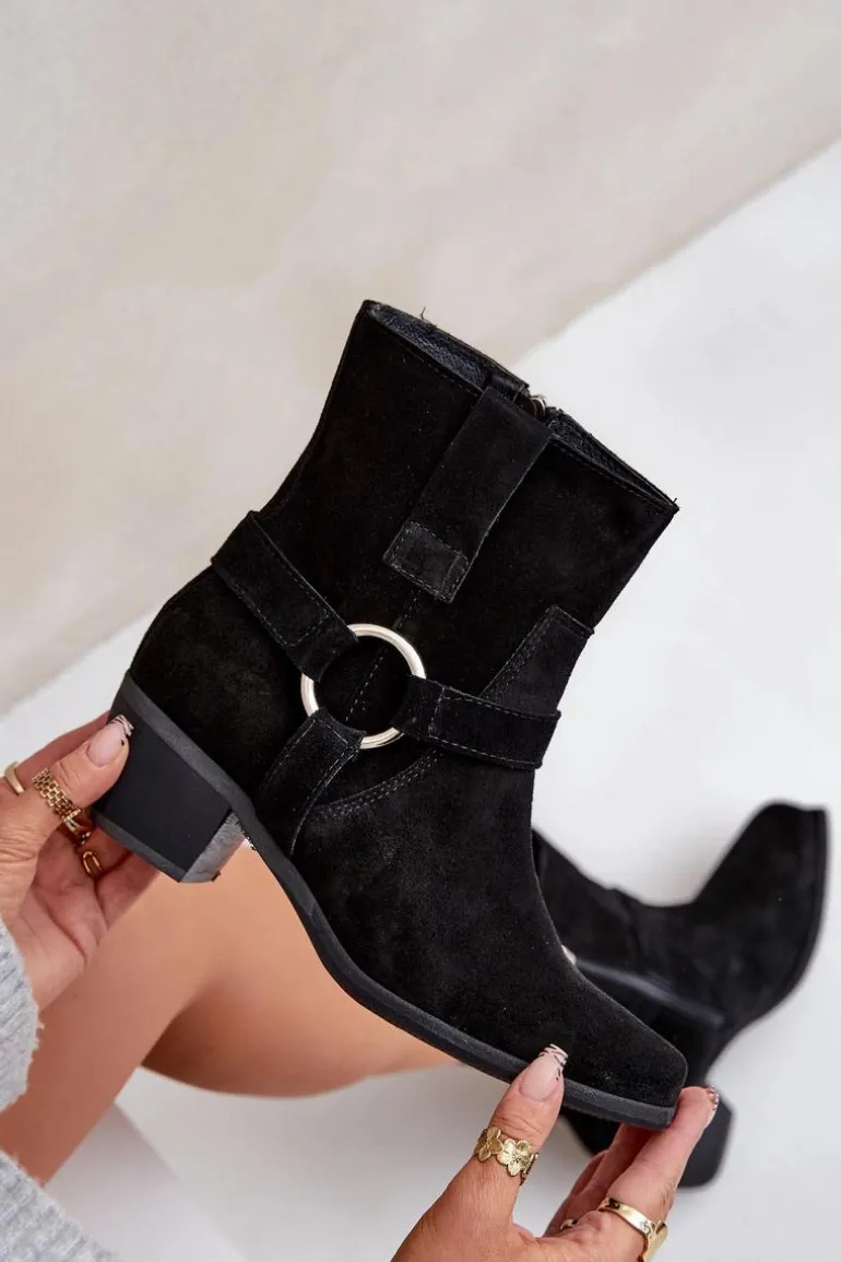 Botki Z Naturalnego Zamszu Na Obcasie Zazoo 3444/2 Czarne