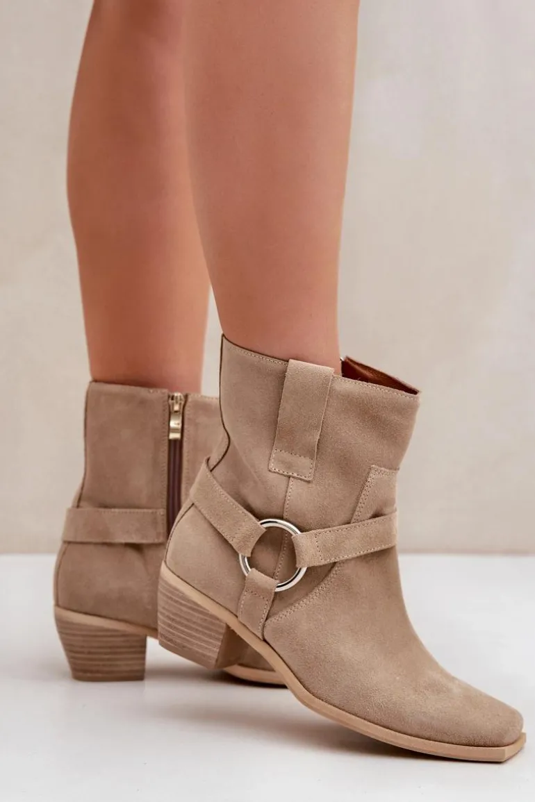 Botki Z Naturalnego Zamszu Na Obcasie Zazoo 3444/2 Jasnobeżowe