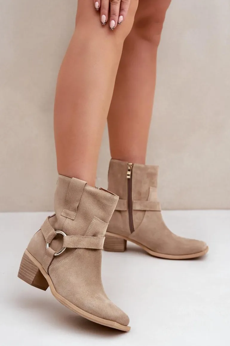 Botki Z Naturalnego Zamszu Na Obcasie Zazoo 3444/2 Jasnobeżowe