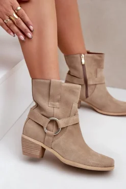 Botki Z Naturalnego Zamszu Na Obcasie Zazoo 3444/2 Jasnobeżowe