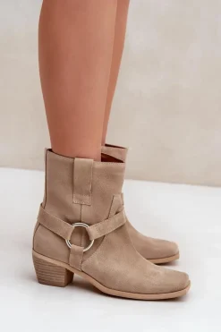 Botki Z Naturalnego Zamszu Na Obcasie Zazoo 3444/2 Jasnobeżowe