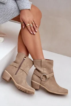 Botki Z Naturalnego Zamszu Na Obcasie Zazoo 3444/2 Jasnobeżowe