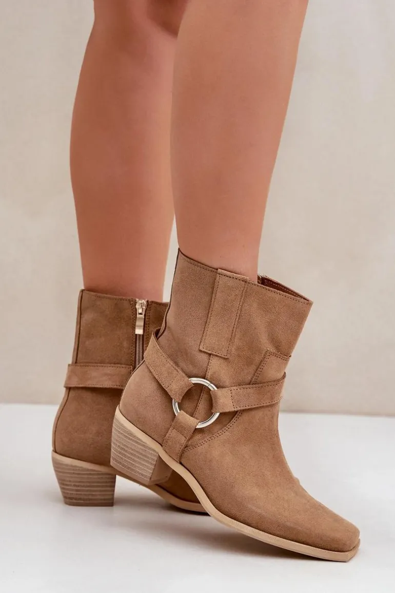 Botki Z Naturalnego Zamszu Na Obcasie Zazoo 3444/2 Beżowe