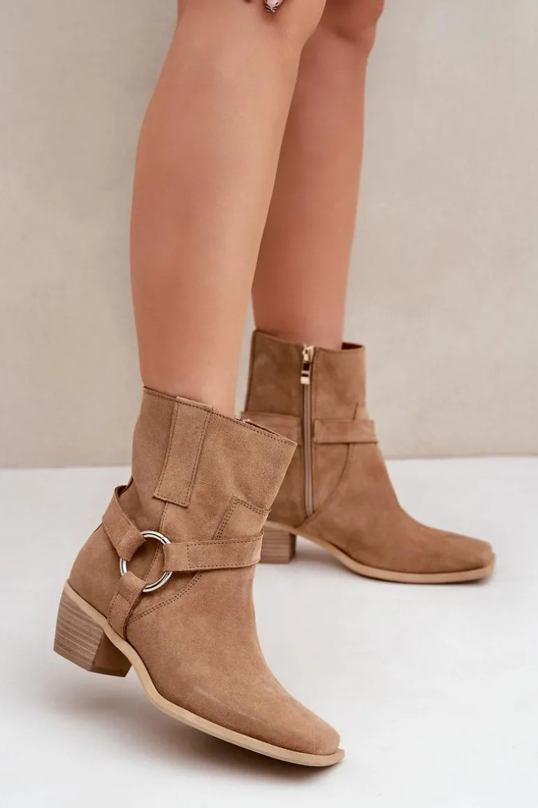 Botki Z Naturalnego Zamszu Na Obcasie Zazoo 3444/2 Beżowe